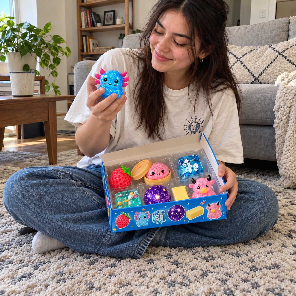 Escena ilustrativa generada: joven adulta sentada en casa con ocho squishies
